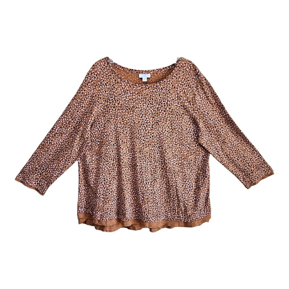 J JILL Size L Tunic Top Brown Pink Dots Pattern Layered Look Cotton Tencel 44"